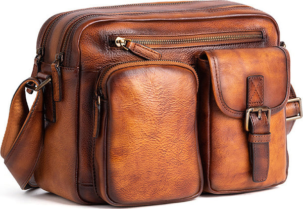 DEEPKEE original nubuck handmade full-grain genuine leather cowhide bag Vegetable Tanned full-grain Leather Crossbody Casual Bag, Hand Colored. 13669