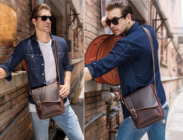 DEEPKEE original nubuck handmade full-grain genuine leather cowhide bag DEEPKEE Leather Side Bag 10 inches Messenger Bag P2112FS