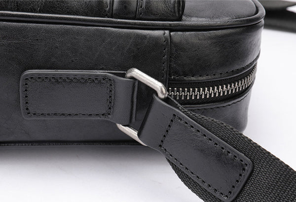 DEEPKEE original nubuck handmade full-grain genuine leather cowhide bag Black Cool Leather 10 inches Large Zipper Messenger Bag Handbag Shoulder Bag For Men