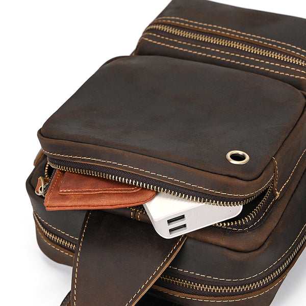 DEEPKEE original nubuck handmade full-grain genuine leather cowhide bag Leather Mens Cool Sling Bag Crossbody Bag Chest Bag for men #9456