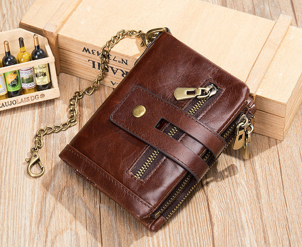 DEEPKEE original nubuck handmade full-grain genuine leather cowhide bag DEEPKEE Leather Bifold Chain Wallet 7515