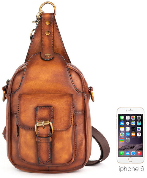 DEEPKEE original nubuck handmade full-grain genuine leather cowhide bag Leather Sling Bag Crossbody Sling Pack Black Small Shoulder Bag Side Bag For Men #WX8683