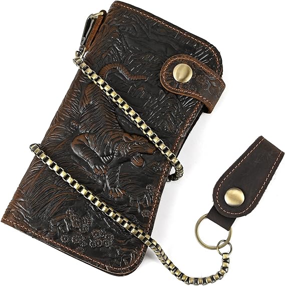 DEEPKEE original nubuck handmade full-grain genuine leather cowhide bag Deepkee Genuine Leather Bifold Wallet Organizer Checkbook Iron Chain #LD052