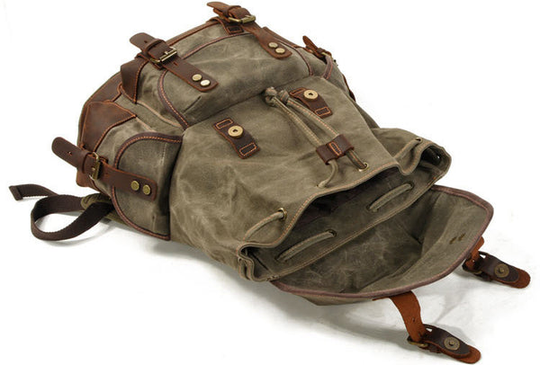 DEEPKEE original nubuck handmade full-grain genuine leather cowhide bag Canvas Spliced Leather Mountaineering Backapck #9508