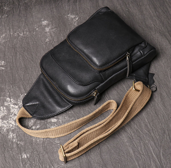 DEEPKEE original nubuck handmade full-grain genuine leather cowhide bag Men's Leather Casual Sling Bag with Canvas Strap No.4011