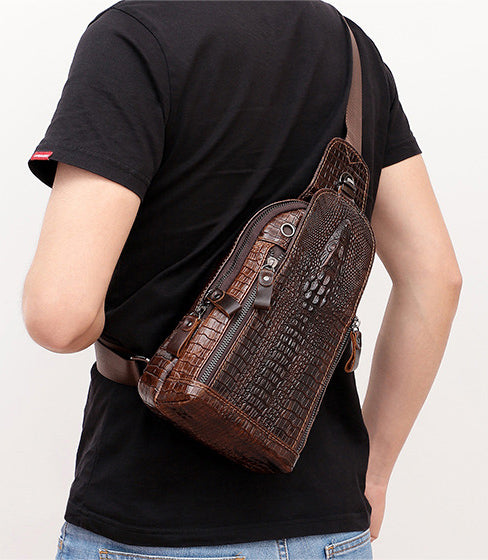 DEEPKEE original nubuck handmade full-grain genuine leather cowhide bag Deepkee Leather Crocodile Texture Cowhide Sling Bag #1313