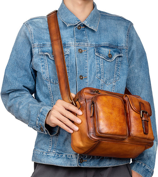 DEEPKEE original nubuck handmade full-grain genuine leather cowhide bag Vegetable Tanned full-grain Leather Crossbody Casual Bag, Hand Colored. 13669