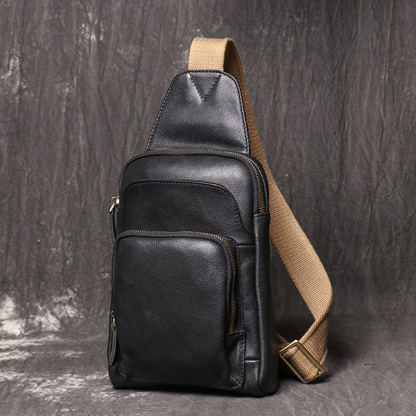 DEEPKEE original nubuck handmade full-grain genuine leather cowhide bag Men's Leather Casual Sling Bag with Canvas Strap No.4011