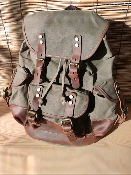 DEEPKEE original nubuck handmade full-grain genuine leather cowhide bag Canvas Spliced Leather Mountaineering Backapck #9508