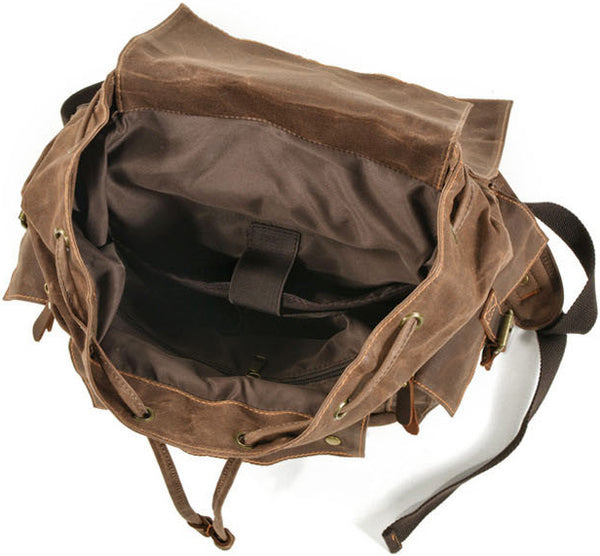 DEEPKEE original nubuck handmade full-grain genuine leather cowhide bag Waxed Canvas Travel Hiking Backpack # 9504