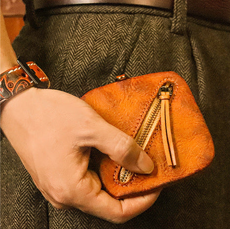 DEEPKEE original nubuck handmade full-grain genuine leather cowhide bag Cowhide vegetable tanned leather simple compact zipper coin purse organizer #SG123