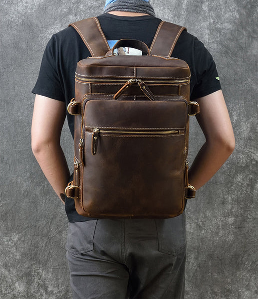 DEEPKEE original nubuck handmade full-grain genuine leather cowhide bag Jacob Offset Cylinder Travel Backpack No8027