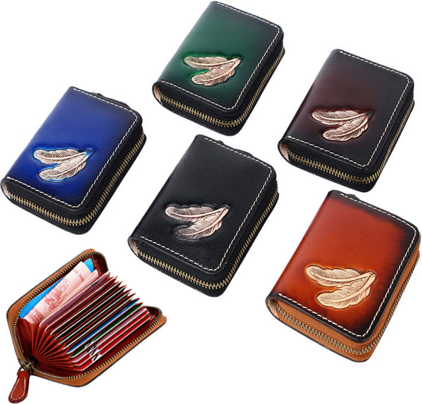 DEEPKEE original nubuck handmade full-grain genuine leather cowhide bag Deepkee Leather Feather Totem Card Holder/Wallet #0926