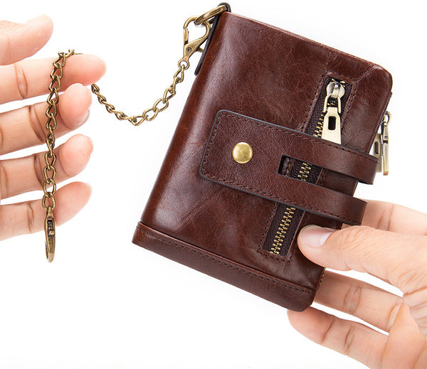 DEEPKEE original nubuck handmade full-grain genuine leather cowhide bag DEEPKEE Leather Bifold Chain Wallet 7515