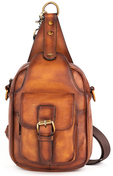 DEEPKEE original nubuck handmade full-grain genuine leather cowhide bag Leather Sling Bag Crossbody Sling Pack Black Small Shoulder Bag Side Bag For Men #WX8683