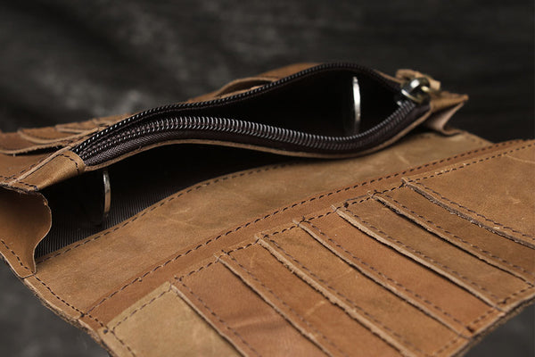 DEEPKEE original nubuck handmade full-grain genuine leather cowhide bag Deepkee Genuine Leather Bifold Wallet Organizer Checkbook Iron Chain #LD052