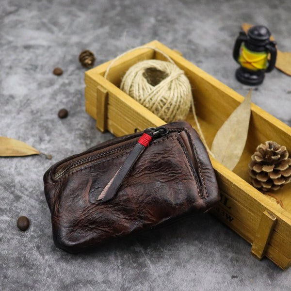 DEEPKEE original nubuck handmade full-grain genuine leather cowhide bag Vintage Slim Tan Leather Coin Wallet Zipper Coin Holder #SG121