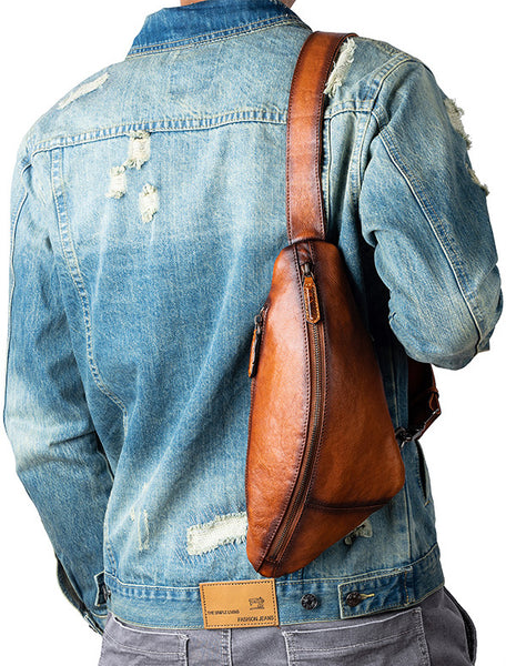 DEEPKEE original nubuck handmade full-grain genuine leather cowhide bag Leather Streamline Sling Bag #12045