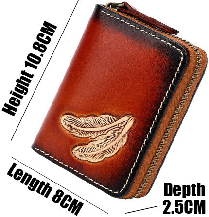 DEEPKEE original nubuck handmade full-grain genuine leather cowhide bag Deepkee Leather Feather Totem Card Holder/Wallet #0926
