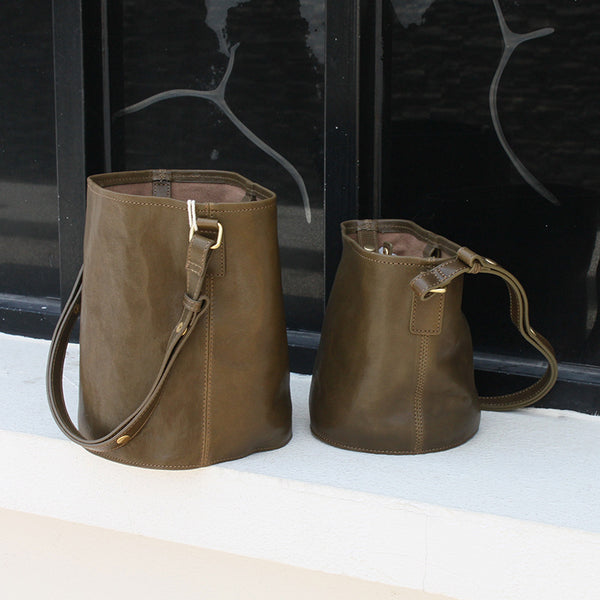 DEEPKEE original nubuck handmade full-grain genuine leather cowhide bag Vegetable Tanned Cowhide Leather Tote Bucket Bag #KM-019