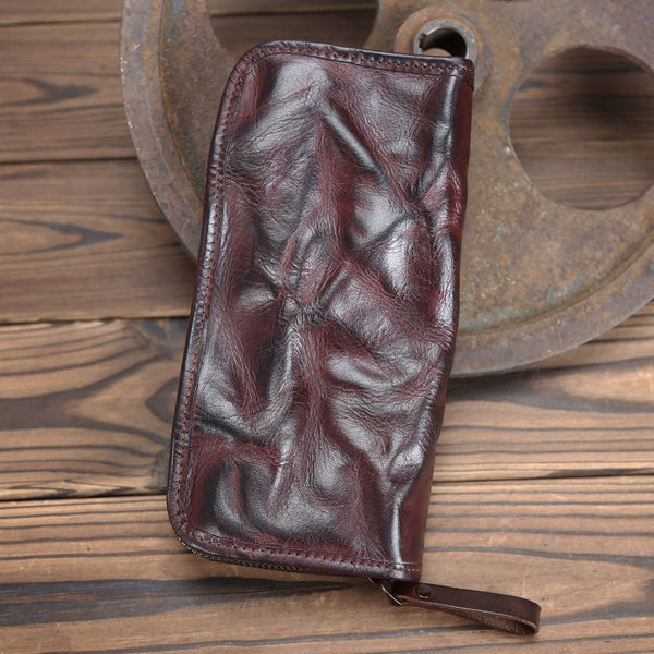 DEEPKEE original nubuck handmade full-grain genuine leather cowhide bag Handmade Leather Mens Long Chain Wallet Bifold Biker Wallet Zipper Clutch Wallet for Men #SG012