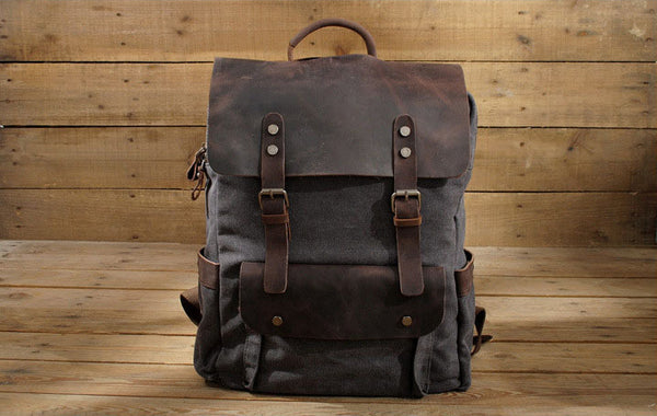 DEEPKEE original nubuck handmade full-grain genuine leather cowhide bag Vintage Waxed Canvas Backpack, Waterproof Rucksack # 8064K_1