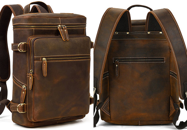 DEEPKEE original nubuck handmade full-grain genuine leather cowhide bag Jacob Offset Cylinder Travel Backpack No8027
