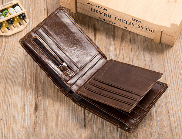 DEEPKEE original nubuck handmade full-grain genuine leather cowhide bag BIFOLD COMPACT WALLET NO.8064