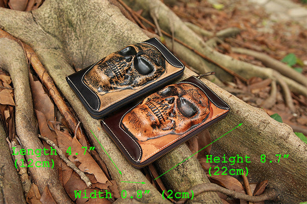 DEEPKEE original nubuck handmade full-grain genuine leather cowhide bag Handmade Leather Skull Death Tooled Long Wallet #5248