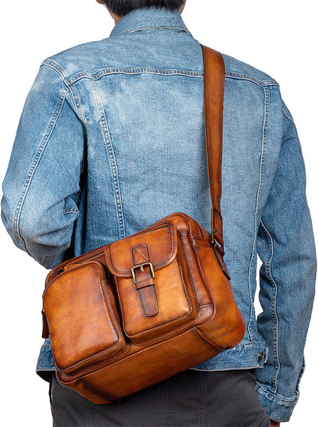 DEEPKEE original nubuck handmade full-grain genuine leather cowhide bag Vegetable Tanned full-grain Leather Crossbody Casual Bag, Hand Colored. 13669