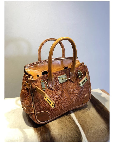 DEEPKEE original nubuck handmade full-grain genuine leather cowhide bag Shrunk Grain Cowhide Replic Faux Birkin 25 Bag #EOL-4494