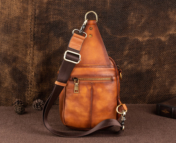 DEEPKEE original nubuck handmade full-grain genuine leather cowhide bag Leather Sling Bag Crossbody Sling Pack Black Small Shoulder Bag Side Bag For Men #WX8683