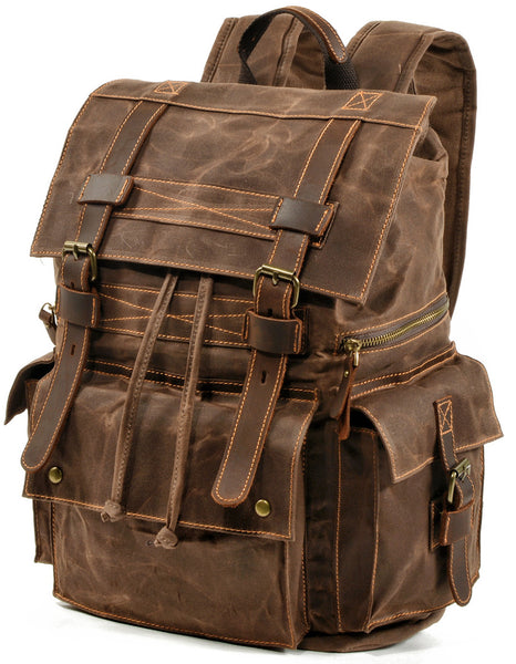 DEEPKEE original nubuck handmade full-grain genuine leather cowhide bag Waxed Canvas Travel Hiking Backpack # 9504