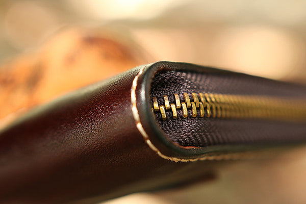 DEEPKEE original nubuck handmade full-grain genuine leather cowhide bag Handmade Leather Skull Death Tooled Long Wallet #5248