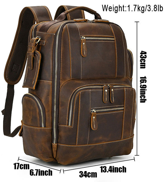 DEEPKEE original nubuck handmade full-grain genuine leather cowhide bag Dwight 18'' Cowhide Laptop Rucksack Backpack No9517