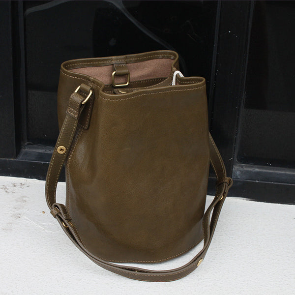 DEEPKEE original nubuck handmade full-grain genuine leather cowhide bag Vegetable Tanned Cowhide Leather Tote Bucket Bag #KM-019