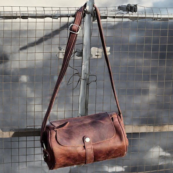 DEEPKEE original nubuck handmade full-grain genuine leather cowhide bag Vintage Leather Cylindricity Crossbody Bags No.SF061