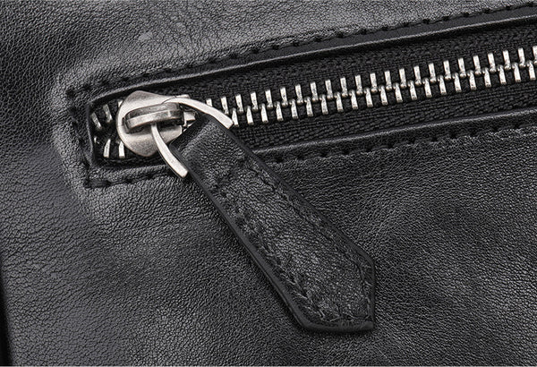 DEEPKEE original nubuck handmade full-grain genuine leather cowhide bag Black Cool Leather 10 inches Large Zipper Messenger Bag Handbag Shoulder Bag For Men