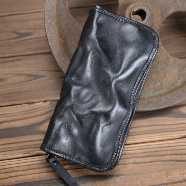 DEEPKEE original nubuck handmade full-grain genuine leather cowhide bag Handmade Leather Mens Long Chain Wallet Bifold Biker Wallet Zipper Clutch Wallet for Men #SG012