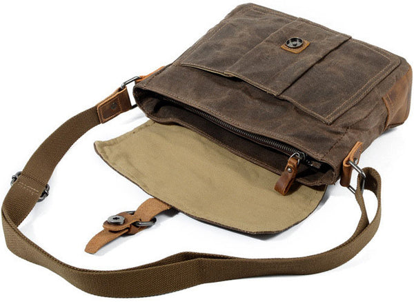 DEEPKEE original nubuck handmade full-grain genuine leather cowhide bag Waxed Canvas Mens Waterproof Side Bag, Courier Bag, Messenger Bag for Men.