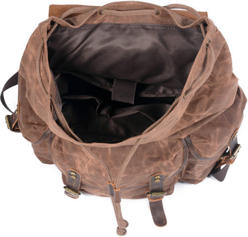 DEEPKEE original nubuck handmade full-grain genuine leather cowhide bag Classic Oil-Wax Canvas Drawstring Backpack #6105Z