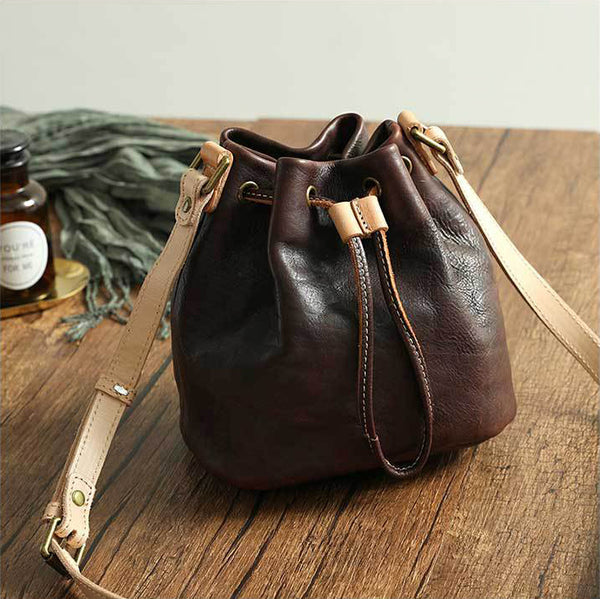 DEEPKEE original nubuck handmade full-grain genuine leather cowhide bag Deepkee leather bucket tassel bag 21030