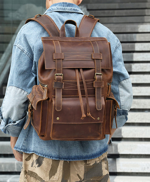 DEEPKEE original nubuck handmade full-grain genuine leather cowhide bag The Drawstring Backpack #6584