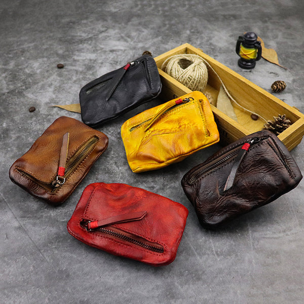 DEEPKEE original nubuck handmade full-grain genuine leather cowhide bag Vintage Slim Tan Leather Coin Wallet Zipper Coin Holder #SG121