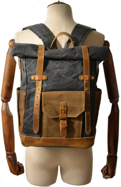 DEEPKEE original nubuck handmade full-grain genuine leather cowhide bag Classic Oil-Wax Canvas Drawstring Backpack #6105Z