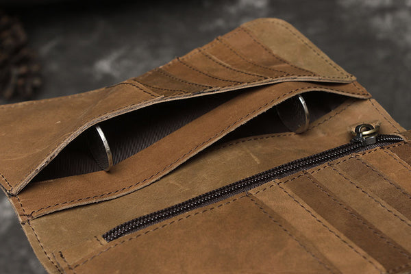 DEEPKEE original nubuck handmade full-grain genuine leather cowhide bag Deepkee Genuine Leather Bifold Wallet Organizer Checkbook Iron Chain #LD052