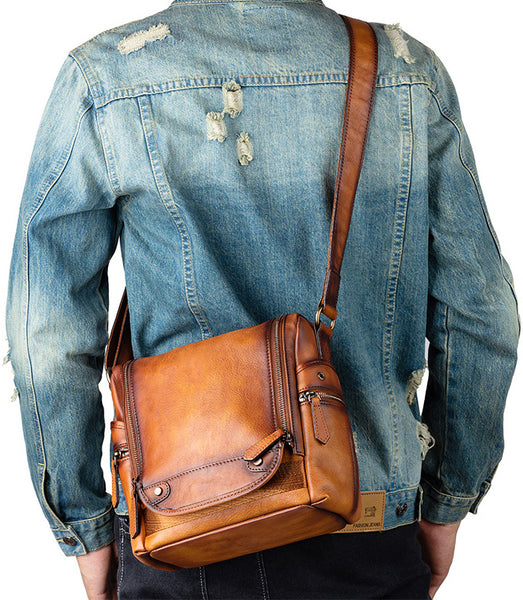 DEEPKEE original nubuck handmade full-grain genuine leather cowhide bag Square Roomy Messenger Bag #13522