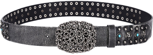 DEEPKEE original nubuck handmade full-grain genuine leather cowhide bag Heavy Industry Trend Rivets Punk Inlaid Imitation Tturquoise Cowhide Belt #191207