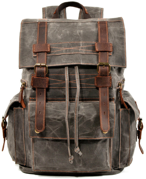 DEEPKEE original nubuck handmade full-grain genuine leather cowhide bag Waxed Canvas Travel Hiking Backpack # 9504