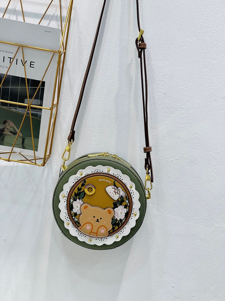 DEEPKEE original nubuck handmade full-grain genuine leather cowhide bag DEEPKEE HANDMADE LEATHER Miss Gail Luxury OOTD Round Crossbody Bag #G1144